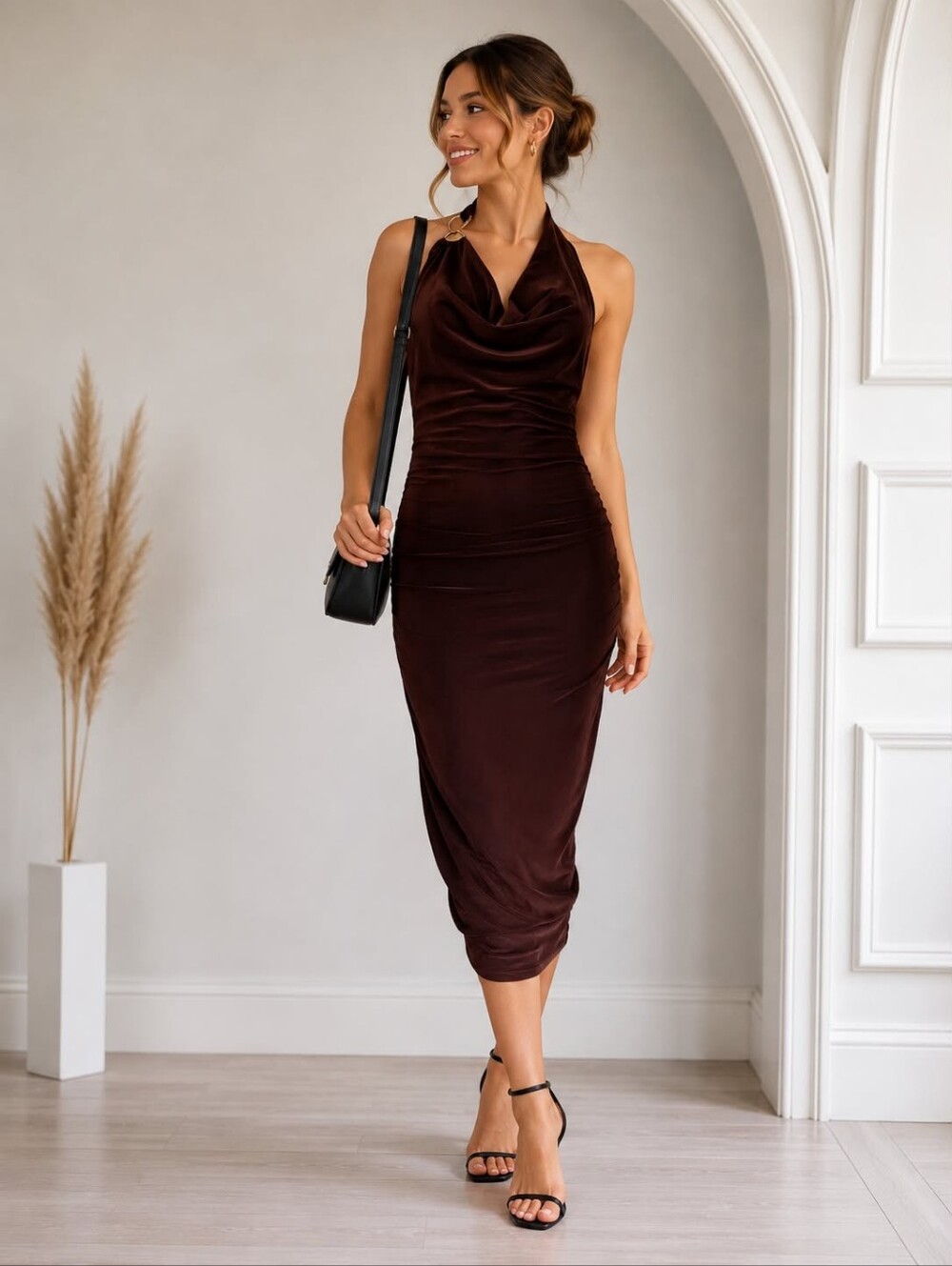 New 🆕 💕 Cowl Neck Brown Midi Dress with Halter Detail